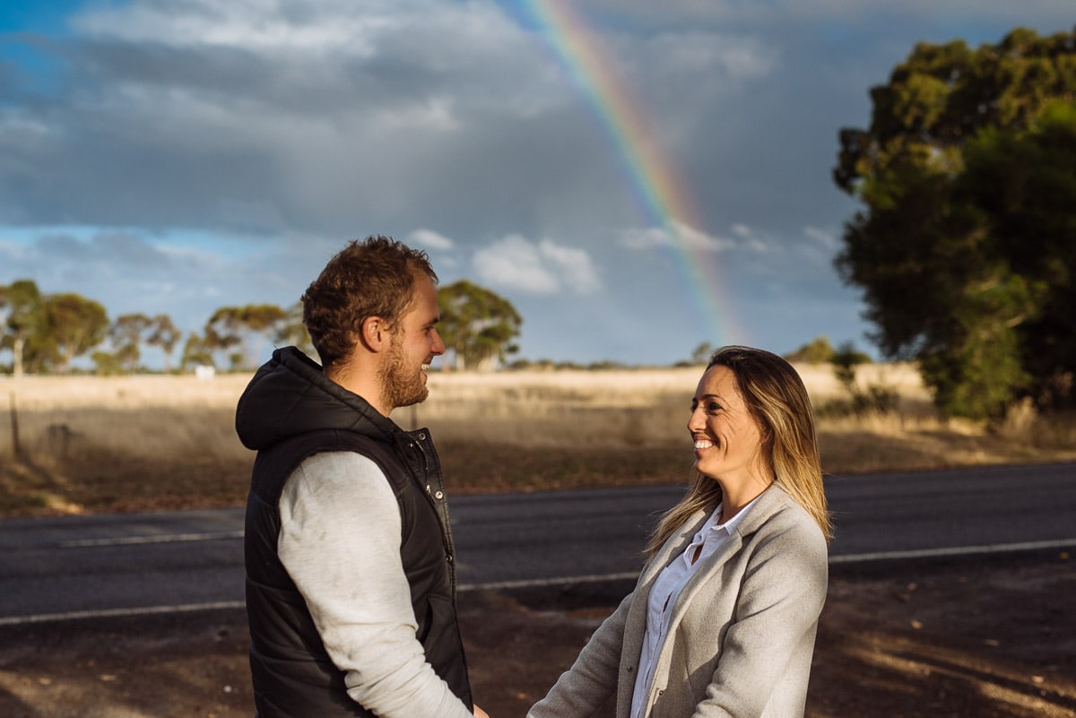 Dunkeld engagement photo with a rainbow