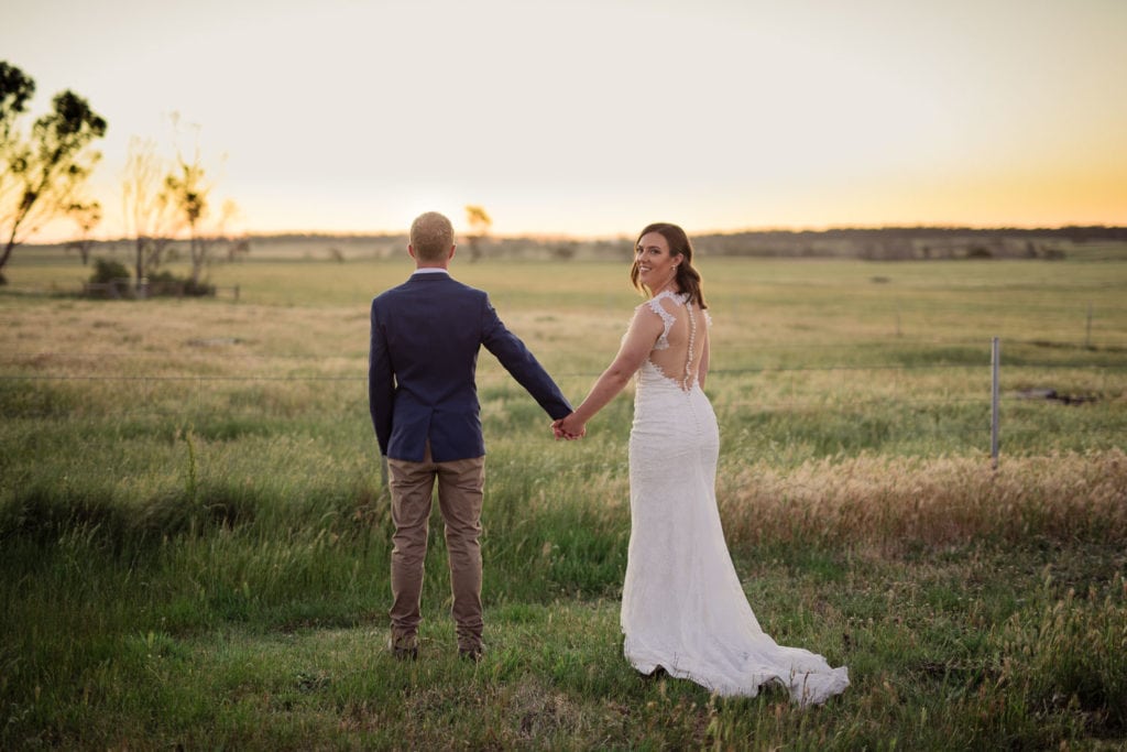 Bride and Groom at Sunset at Narmbool Wedding