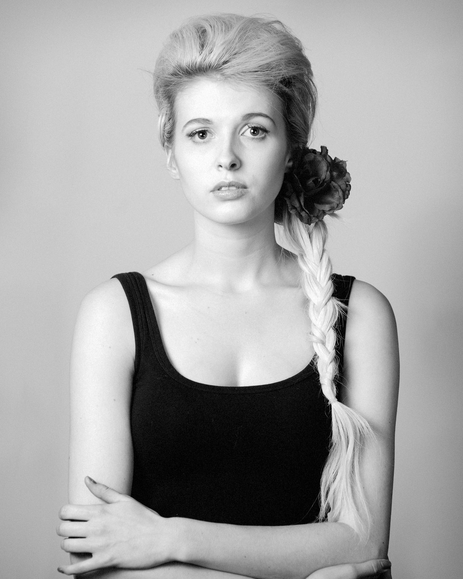 Black and white portrait of blonde model