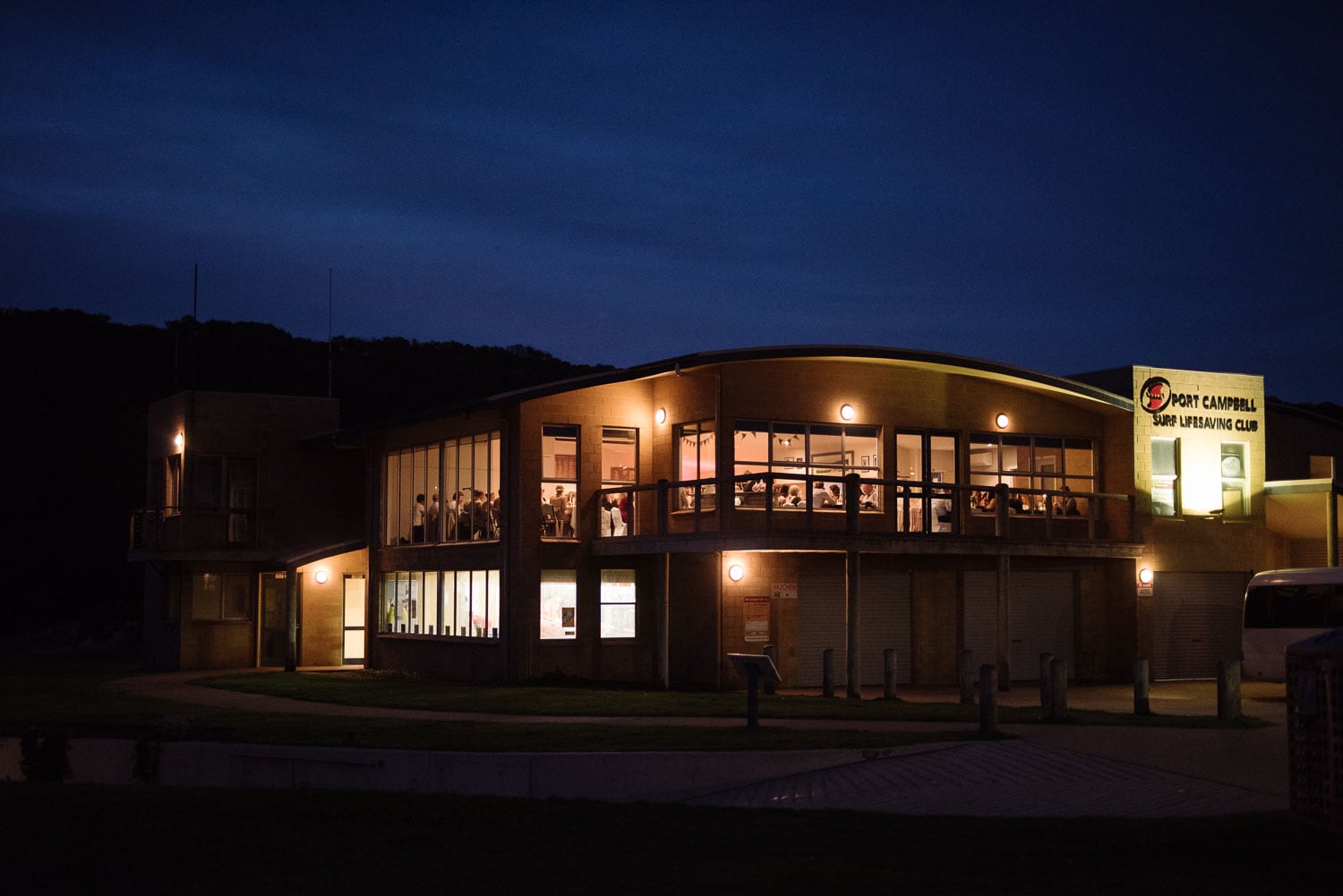 Port Campbell Surf Lifesaving Club at night during a wedding