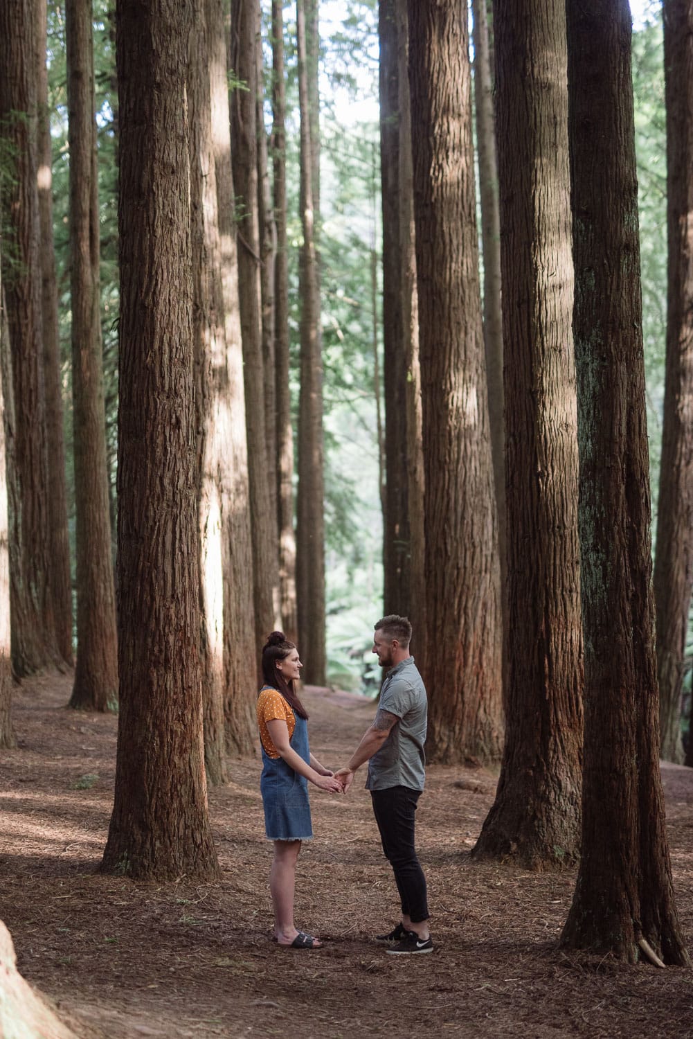 Engaged couple holding hands at the redwood plantation in the Otways