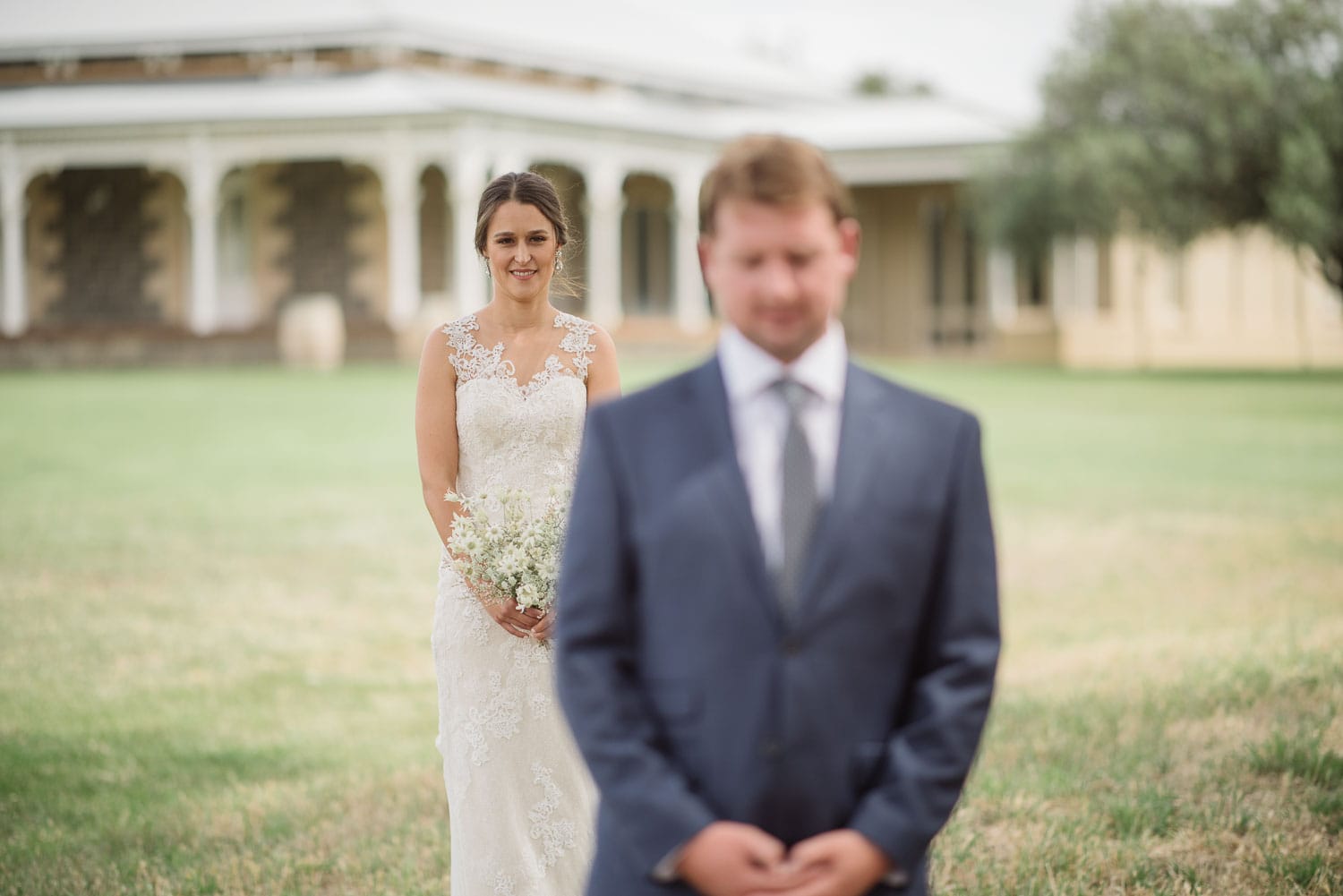 Bride and groom's first look at Mt Sturgeon Homestead