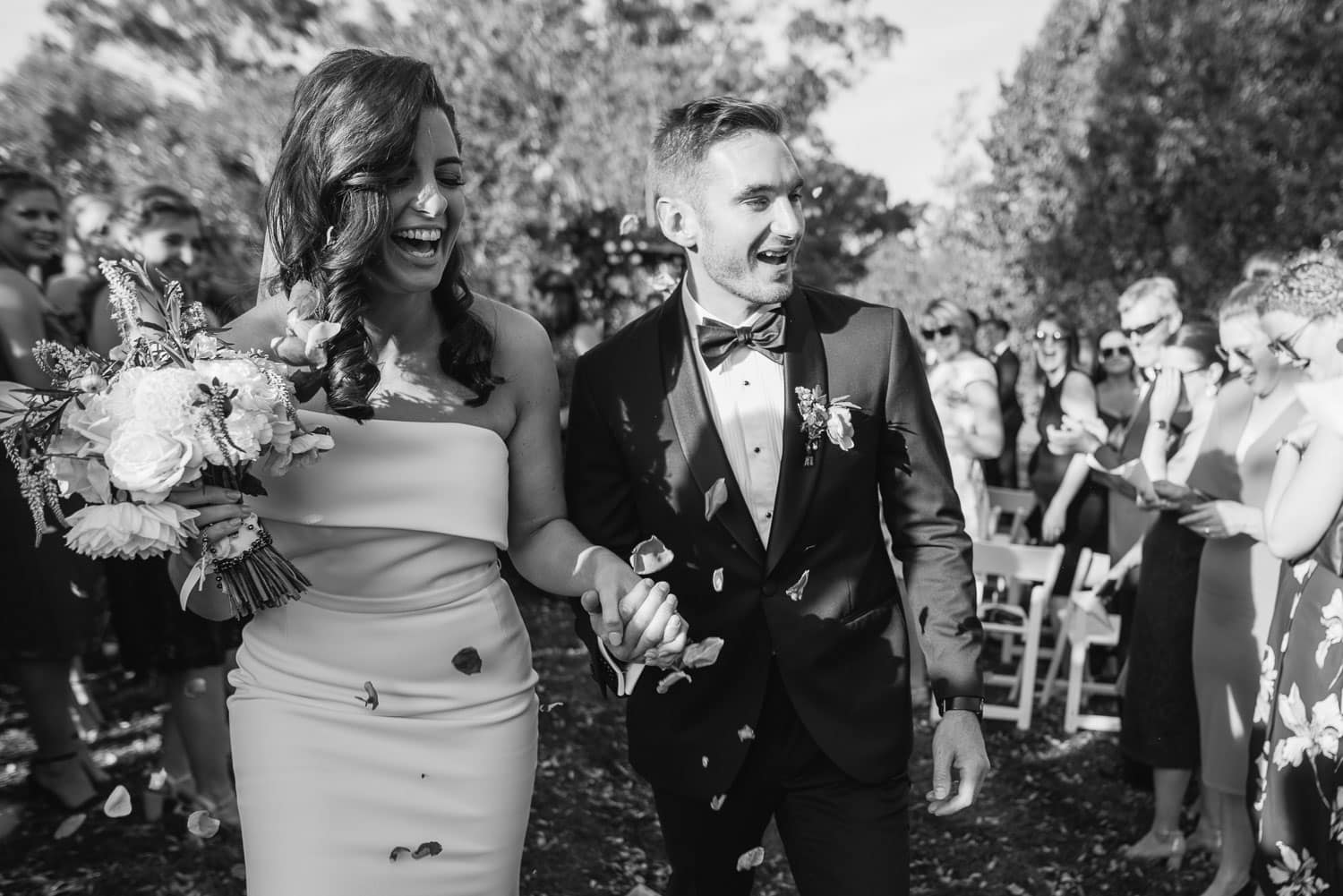 Bride and groom at backyard wedding in the Victorian countryside