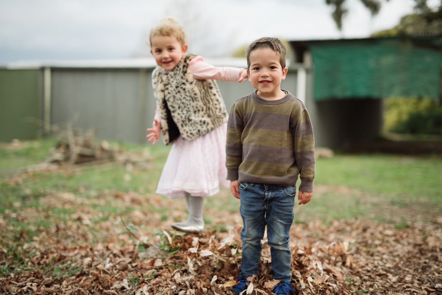 children playing in autumn leaves