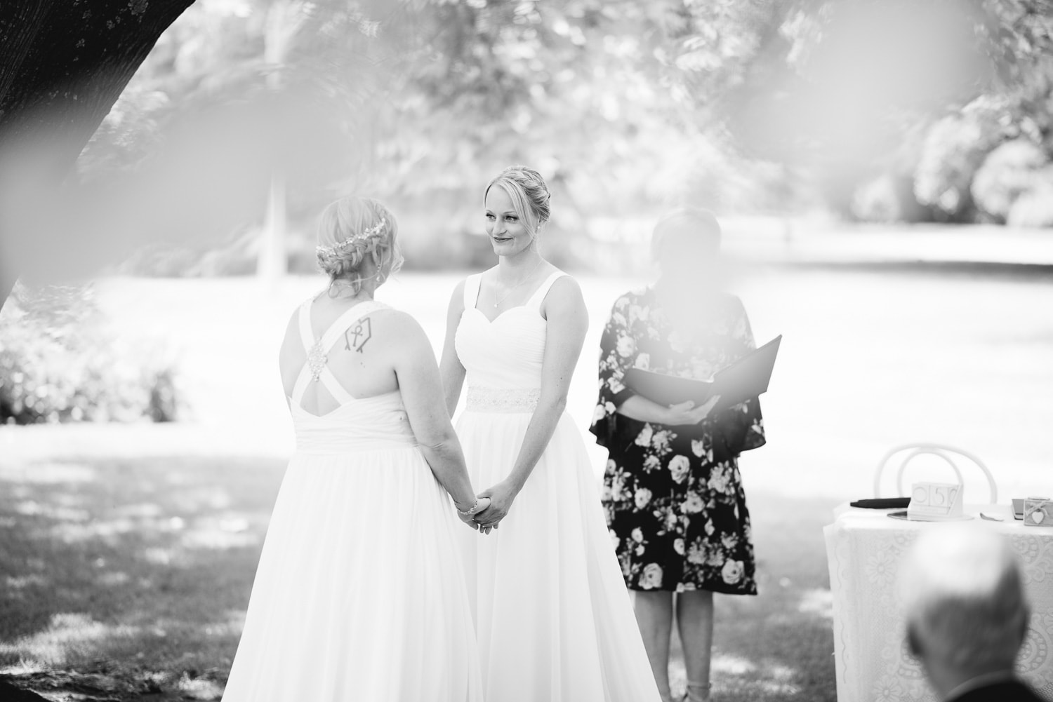 Same sex wedding two brides in Colac's botanic gardens