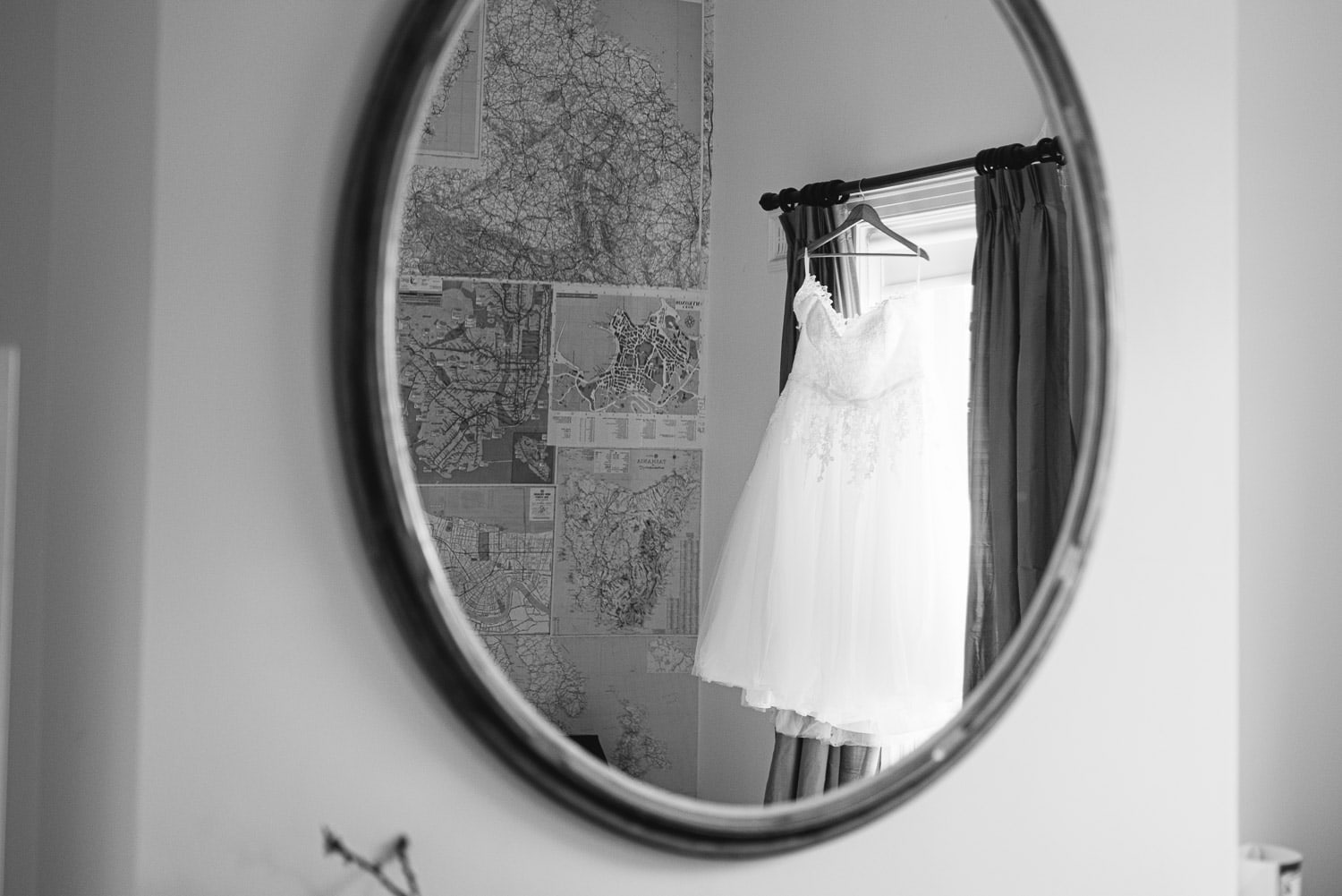 Wedding dress reflected in a mirror at Blauvelt Park