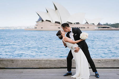 Wedding portrait in front of the Opera House in Sydney.