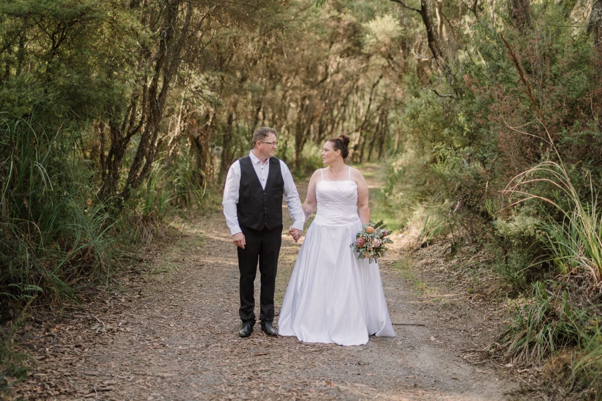 Bride and groom at Colac scout camp amongst the beautiful bushland.