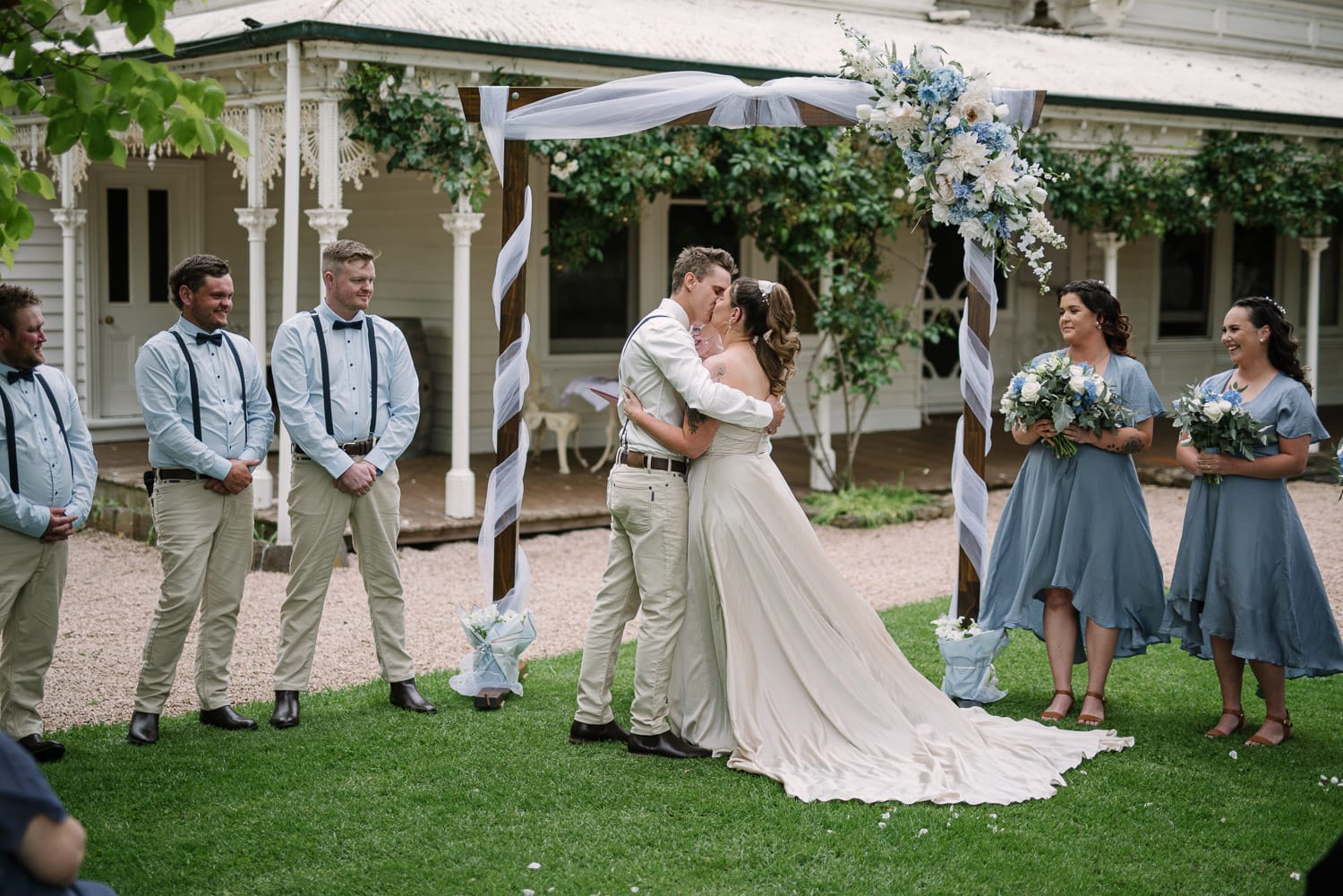 First kiss at a Quamby Homestead wedding