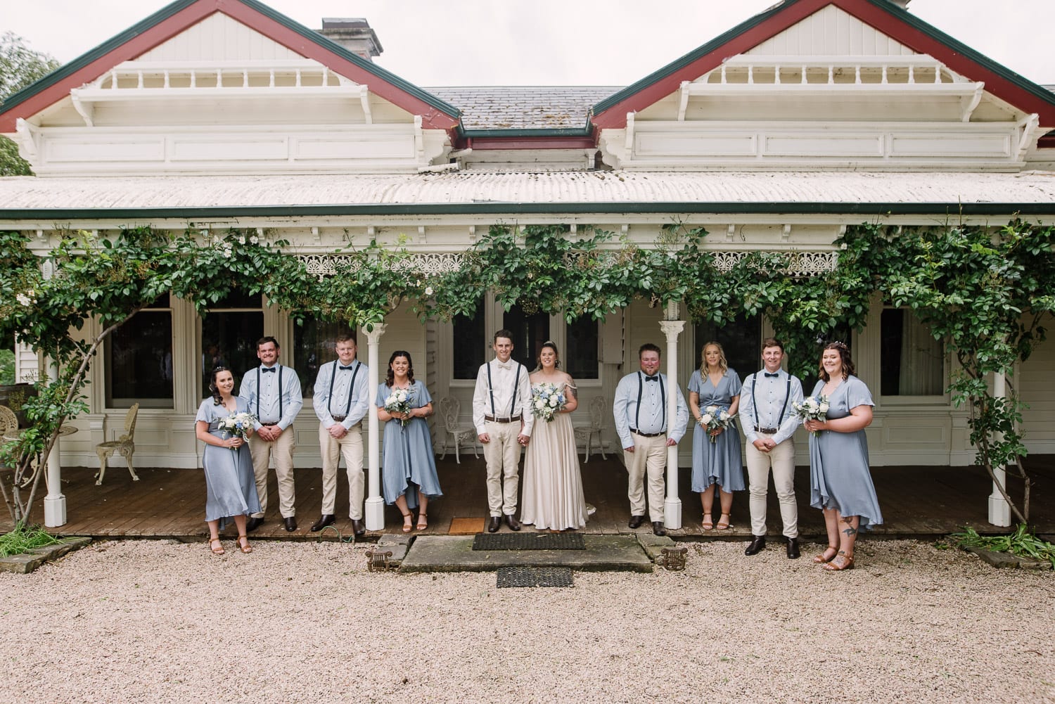 Bridal party in front of house at Quamby Homestead near Warrnambool