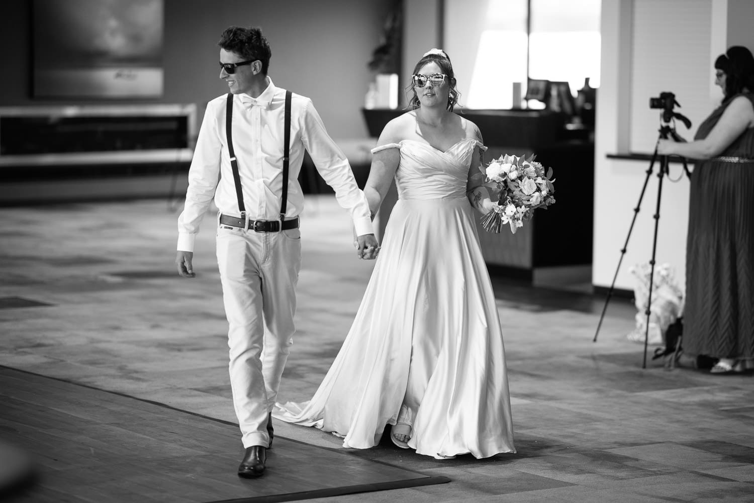 Bride and groom enter Matilda room reception at Warrnambool racecourse