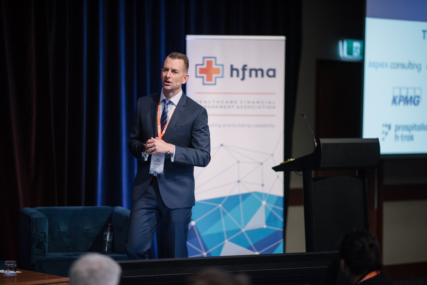 Luke Hannan MCing at the HFMA conference in Lorne 2023